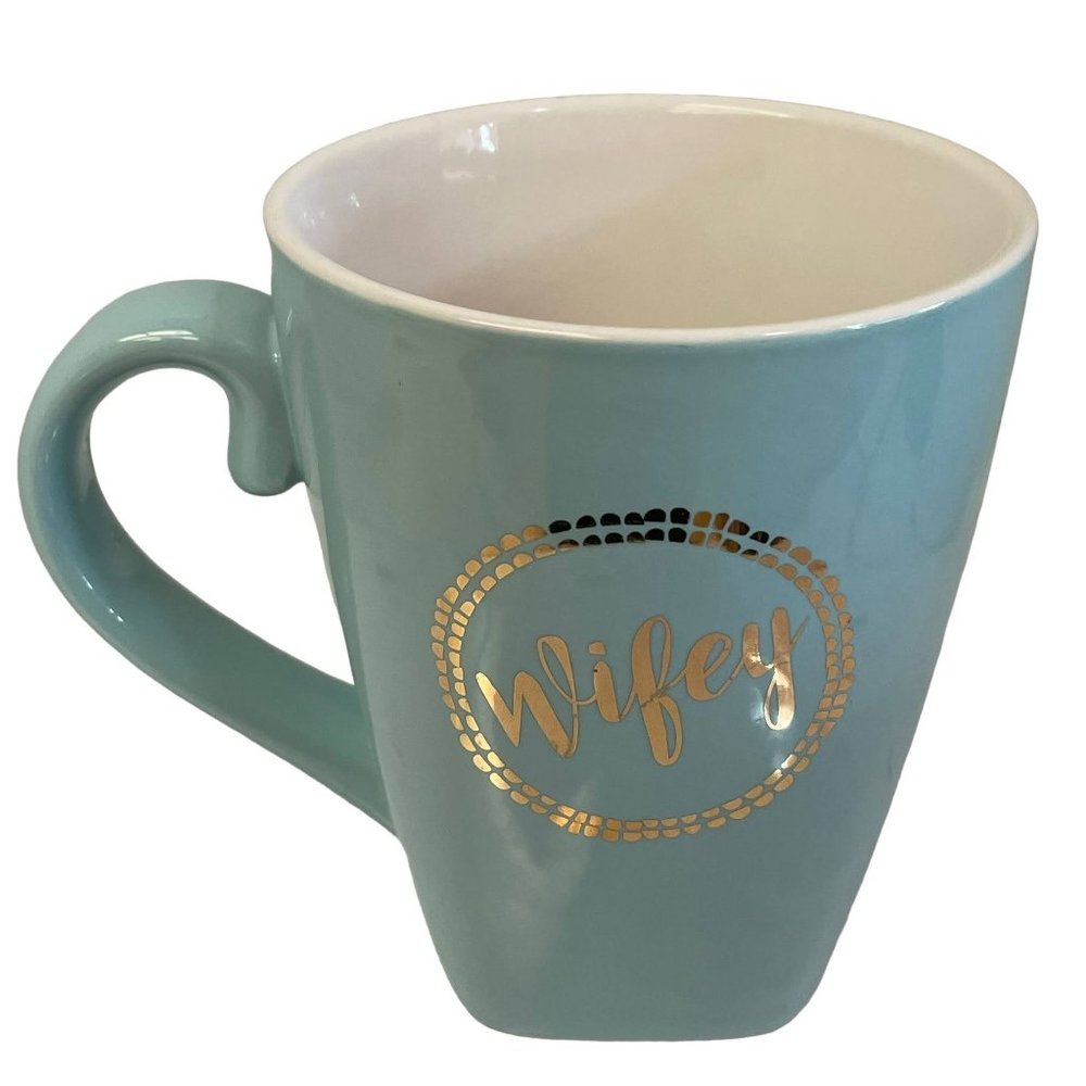WIFEY Bridal Wedding Marriage Mug‎ Cup Blue Ceramic Gold Heart Inside